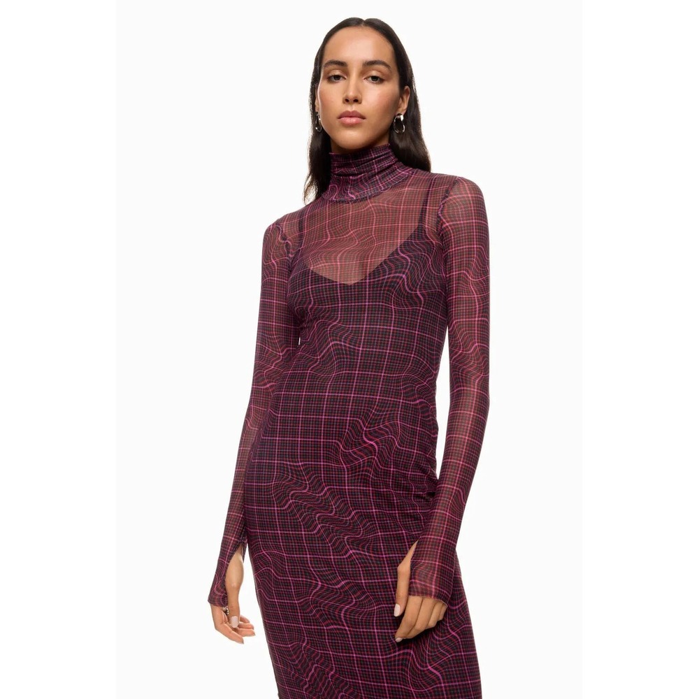 M Made in China Black Pink Plaid Mesh Mock Neck Long Sleeve Midi Dress S P